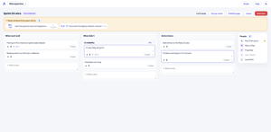 A Went-well / Didn't / Actions board with voted cards, a grouped theme, one-click convert-to-issue buttons, and a banner of open actions carried over from past retros.