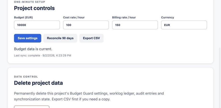 Administrators control the budget and rates, can refresh recent worklogs on demand, and have explicit export and permanent-deletion actions.