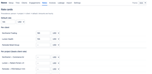 Rate cards: a default rate, per-client rates, and per-person overrides, so every hour prices itself.