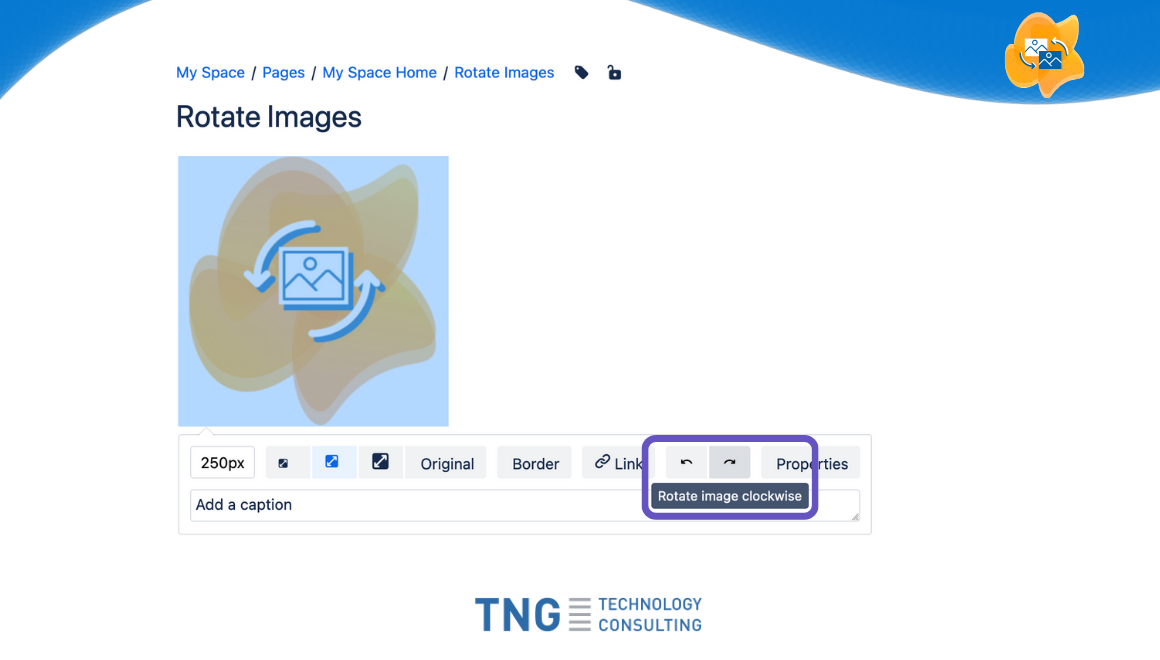 Rotate images directly on the image panel in the Confluence editor