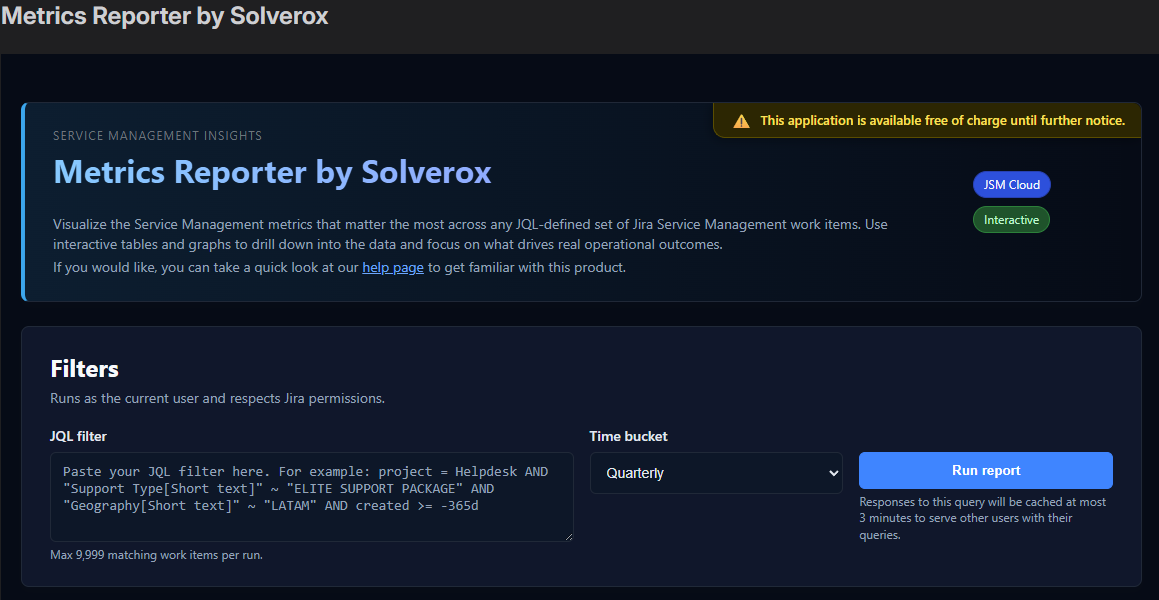 Solverox Metrics and Reports app screenshot where you can provide the JQL filter to produce essential service / support quality metrics for JSM.