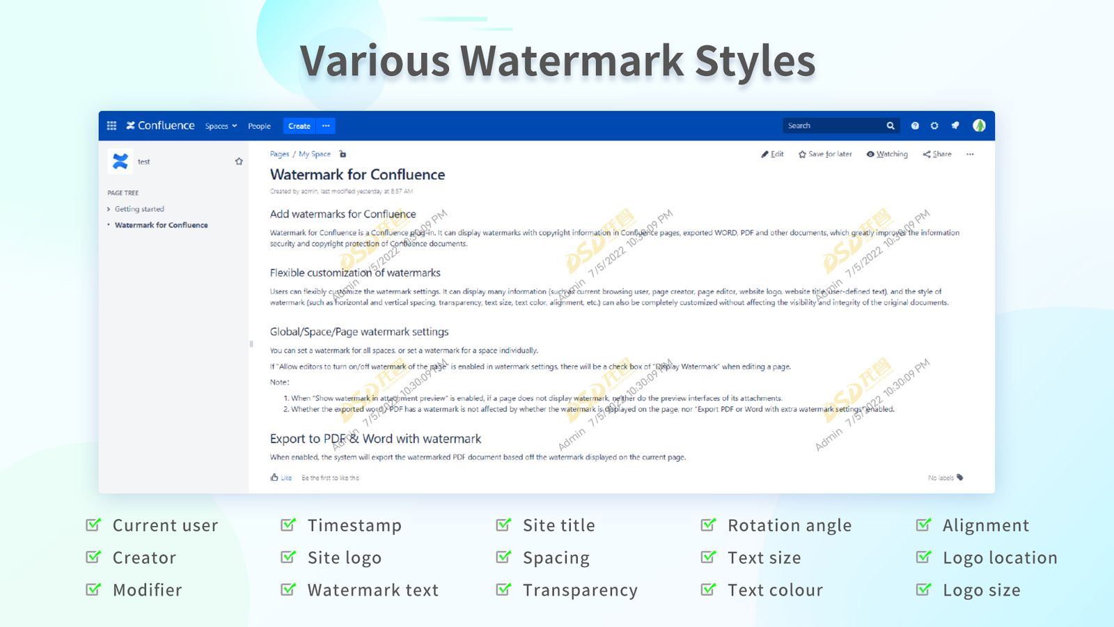 With our easy-to-use watermark designer, you can create a wide variety of watermarks, including site logo, timestamp, current user name, creator name, site title, transparency, spacing, rotation angle, alignment and etc.