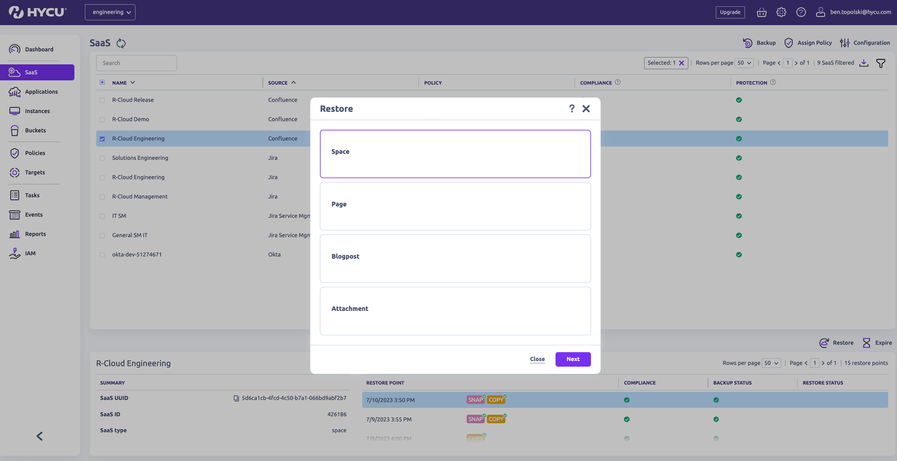 Instant, granular restore of Confluence in 1 click