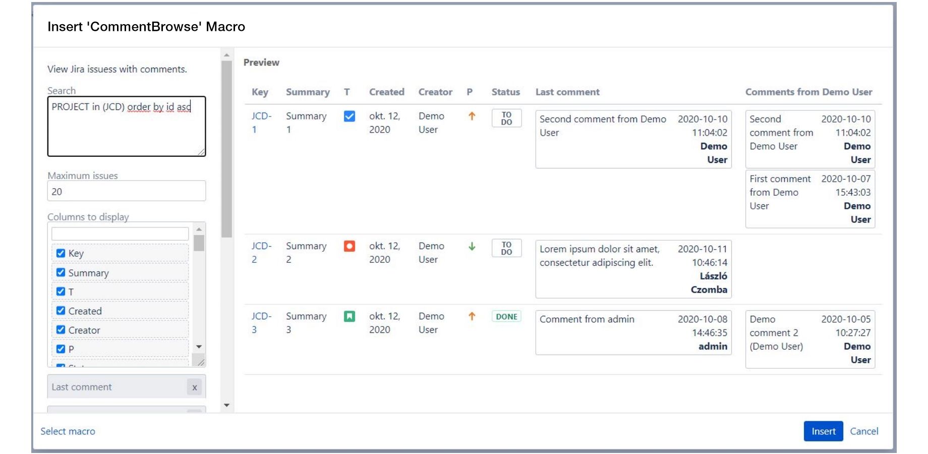 Select issues by JQL and choose the desired fields
