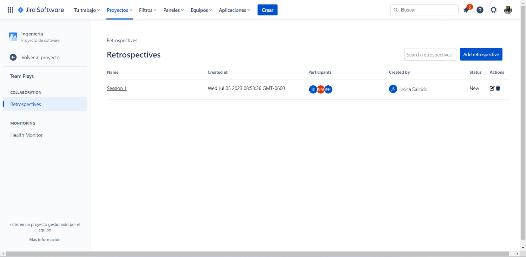 Team Plays' Retrospectives Application within a Jira project