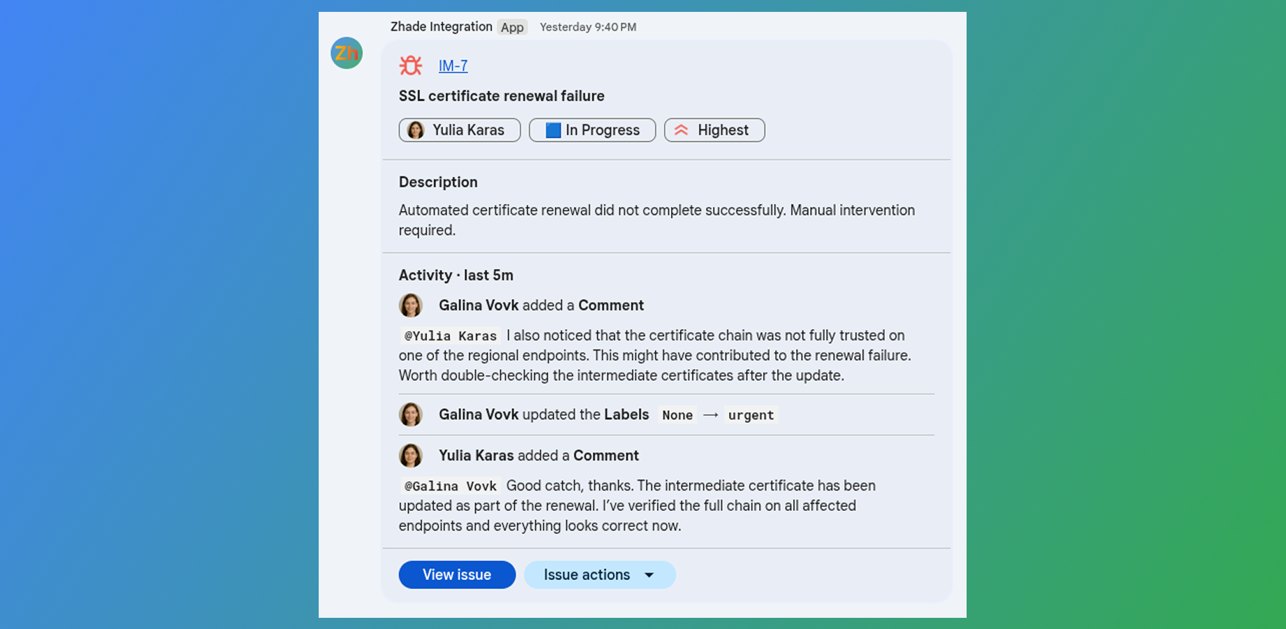 Jira notification card in Google Chat highlighting an important issue updates delivered directly to the conversation.