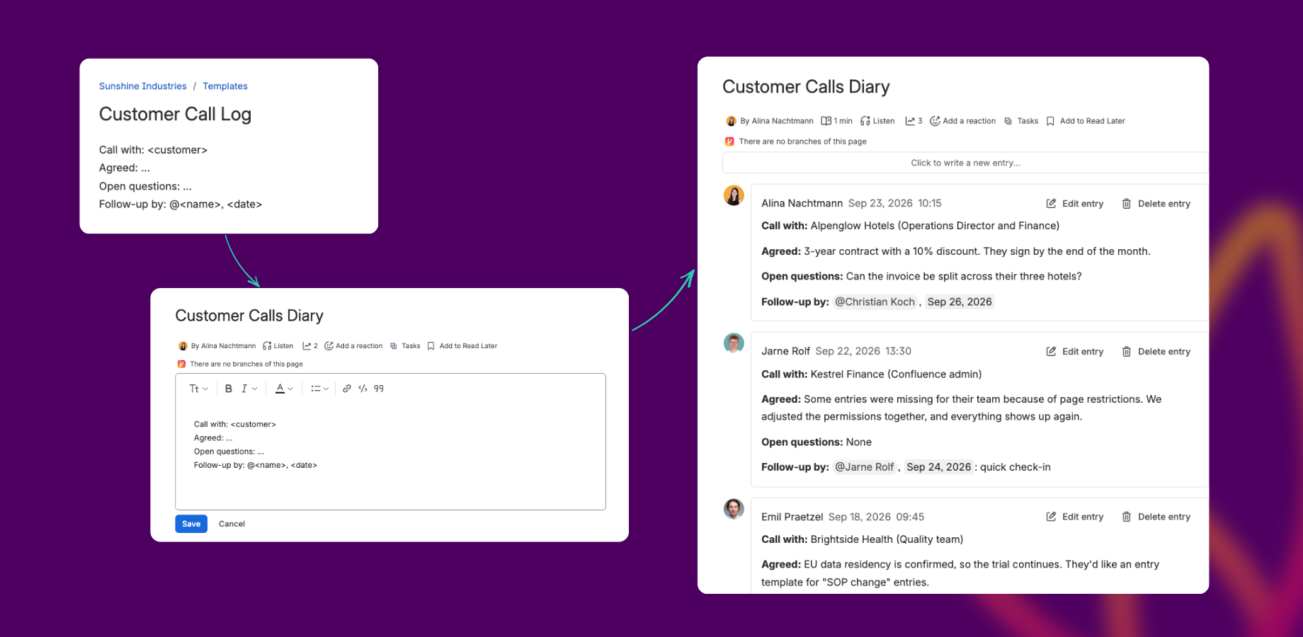 Predefined Diary templates give every contributor on a Confluence page the same entry structure