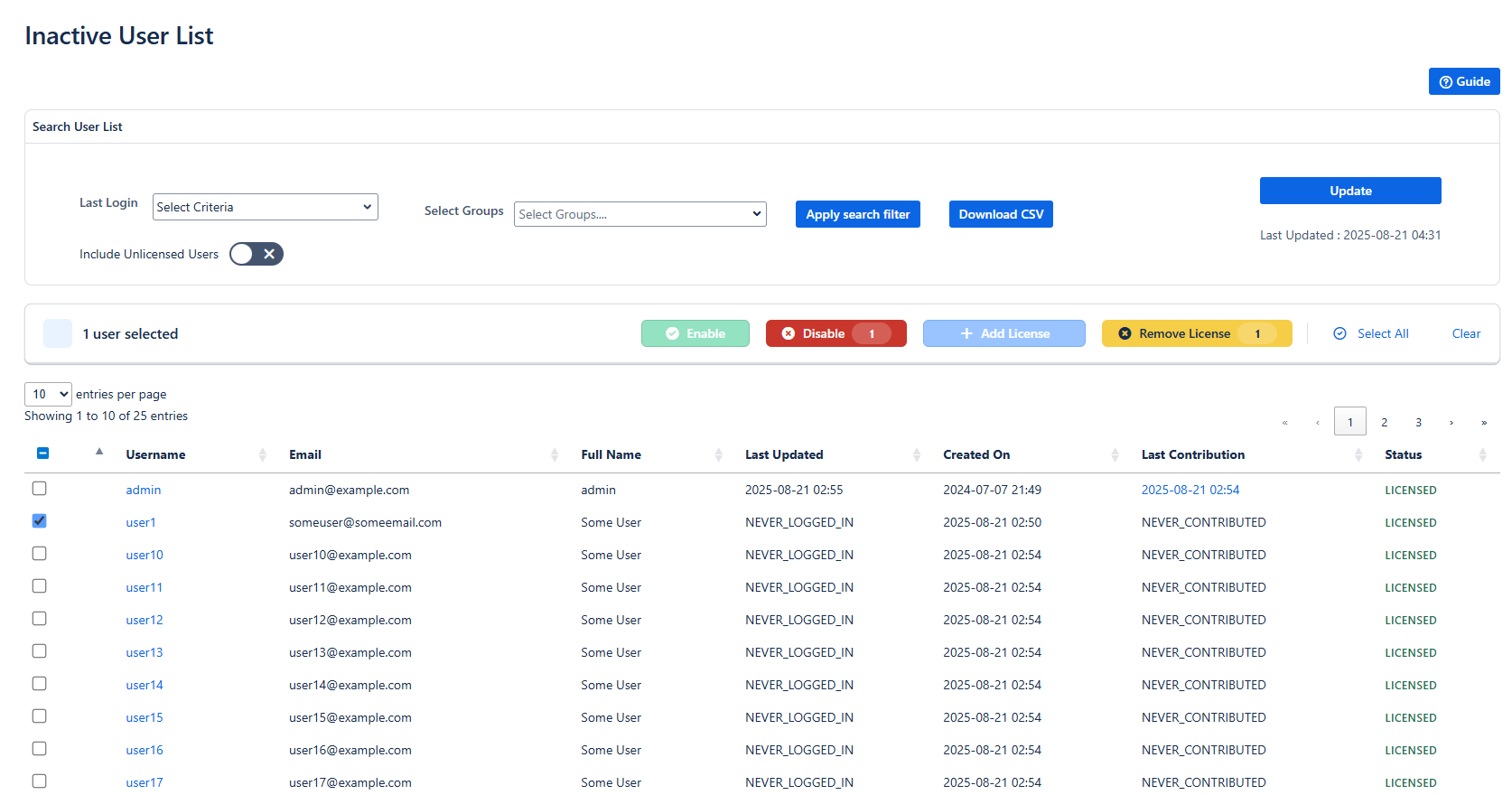List Users with filters - Groups, Last Login Activity and License