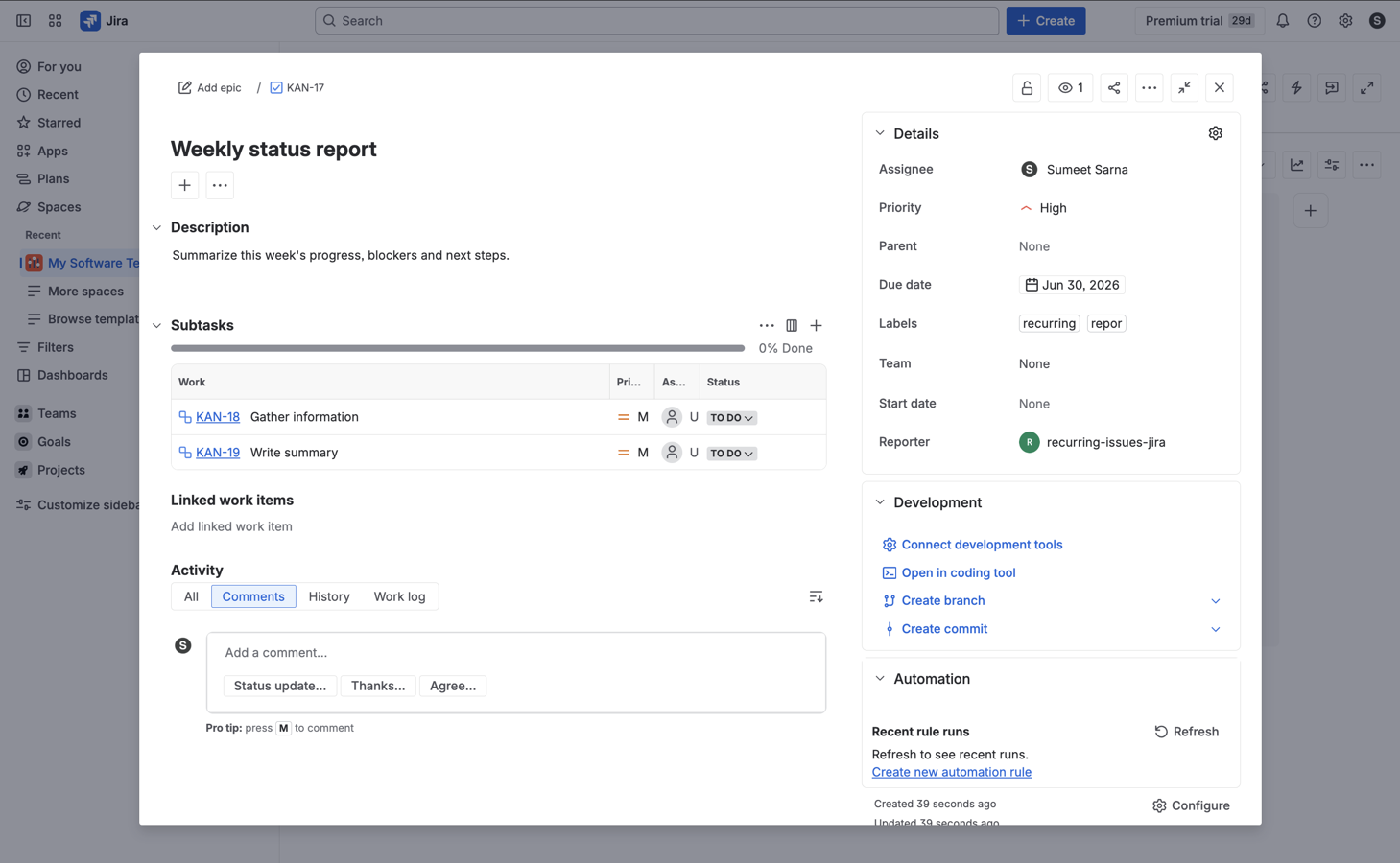 A created issue, fully configured with its subtasks