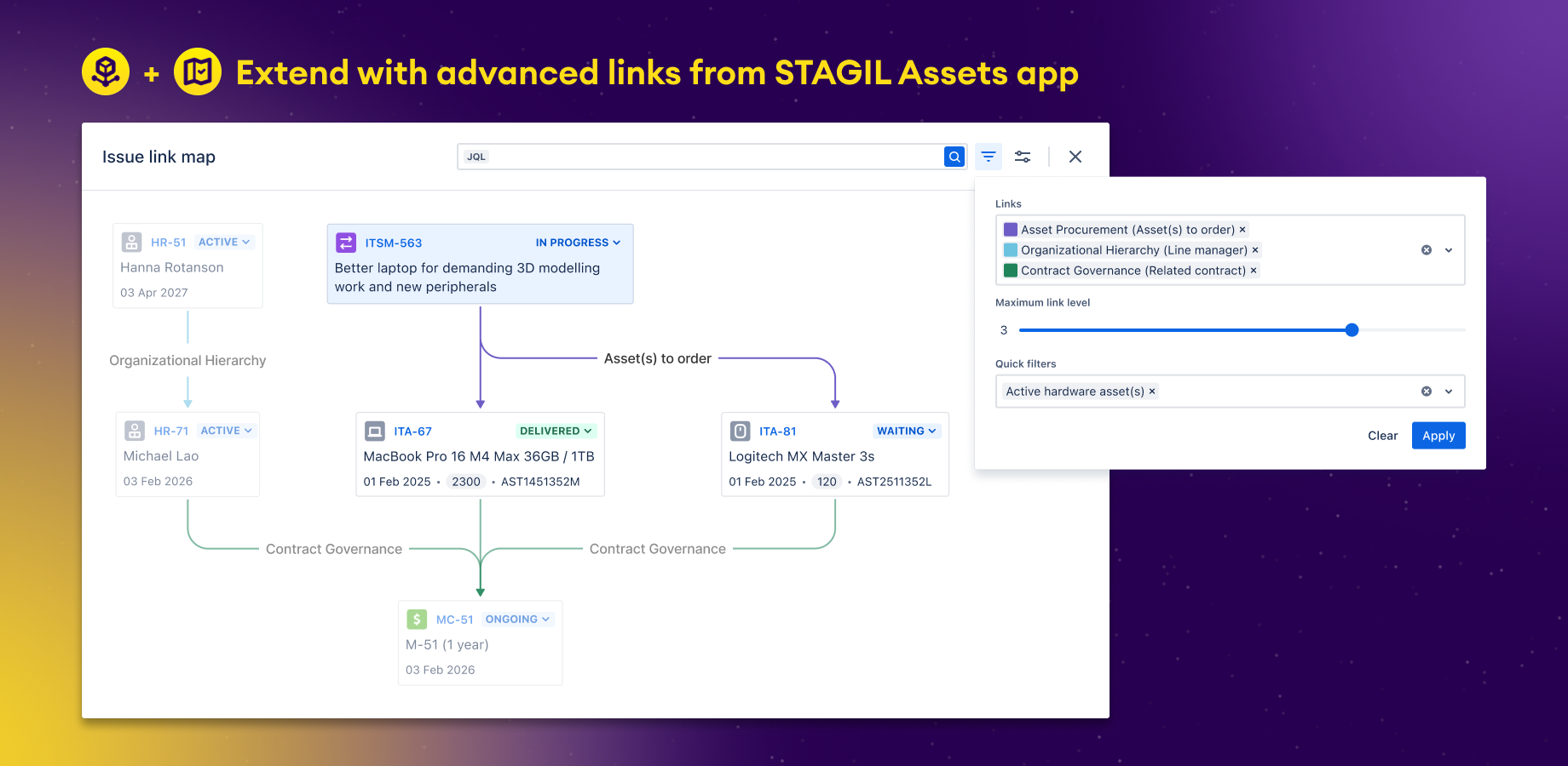 Enhance dependency management by connecting STAGIL Issue Maps with ​STAGIL Assets. Manage issue relationships through sophisticated link configurations leveraging tailored advanced link fields.​