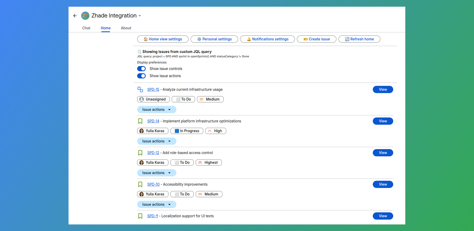 Personal Home view showing a user-specific list of Jira issues with available issue actions and quick access to settings.