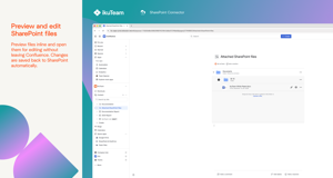 Preview files inline and open them for editing without leaving Confluence. Changes are saved back to SharePoint automatically.
