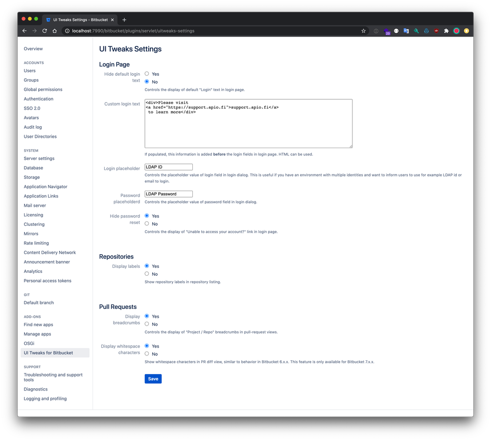 Settings dialog to switch features on / off