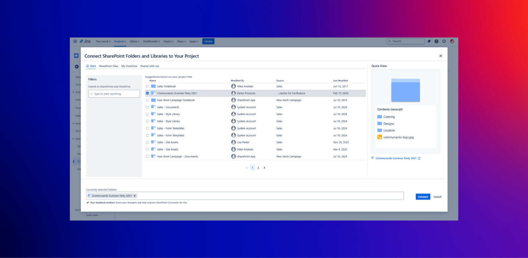 Connect SharePoint folders to a Project in Jira