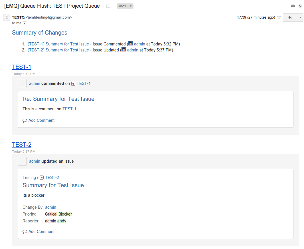 Shows a digested email with notifications summarised, and grouped by issue key