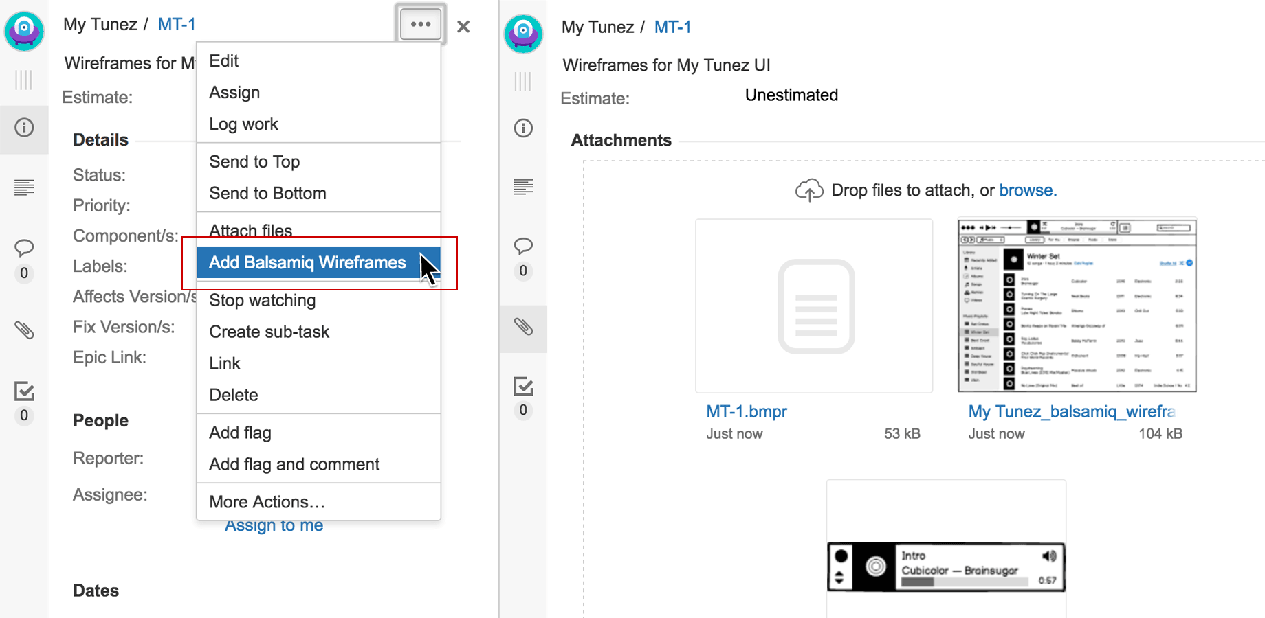 On the left, the "Add Balsamiq Wireframes" menu. On the right, the interactive issue panel.