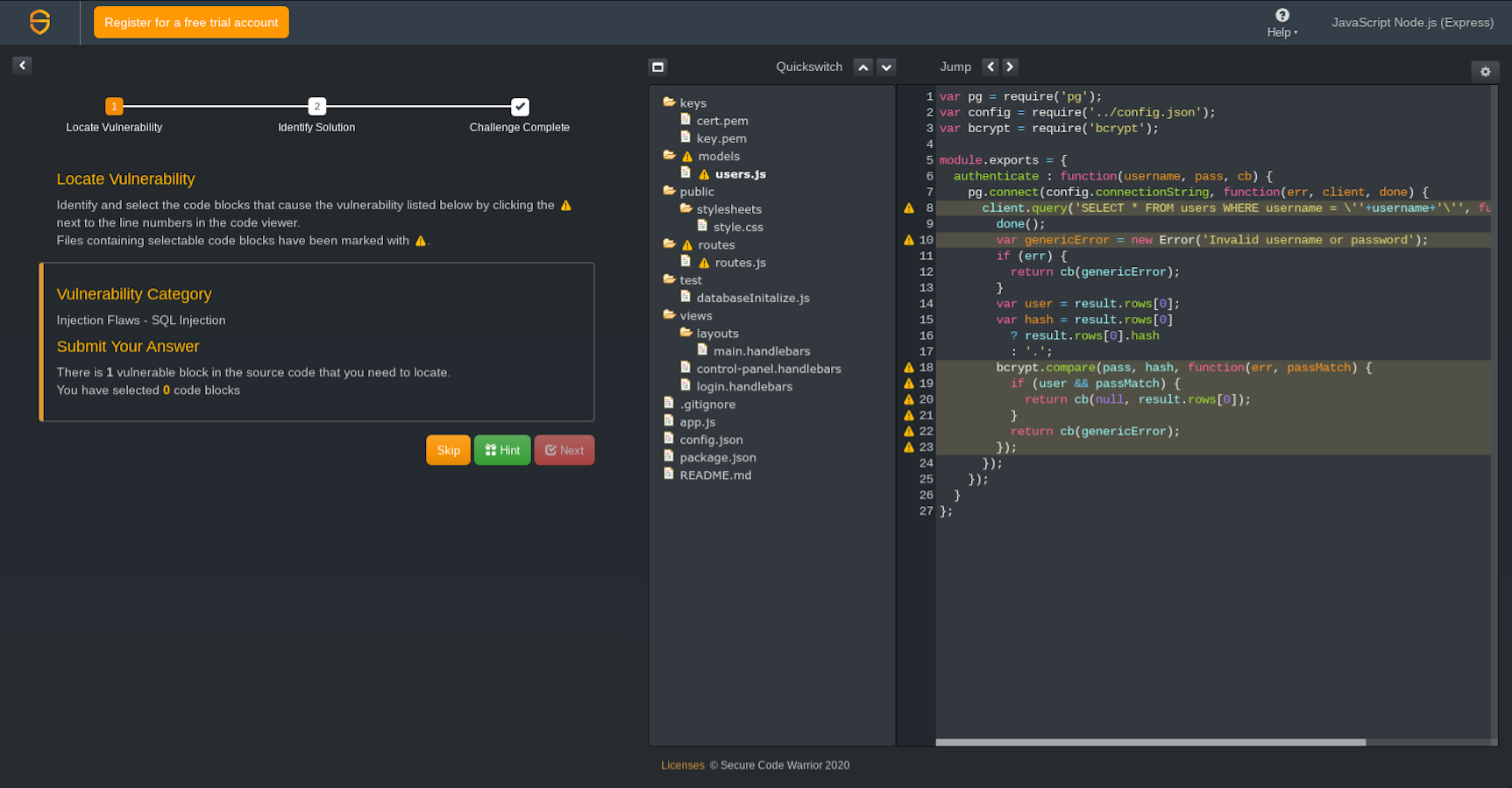 This screenshot shows an example of a coding challenge that will be accessible on the Secure Code Warrior platform