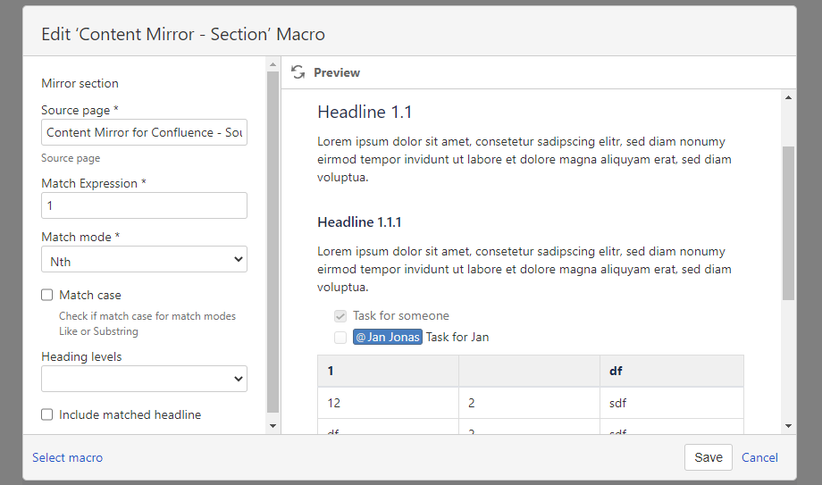 Various options are supported to define the sections that should be reused.