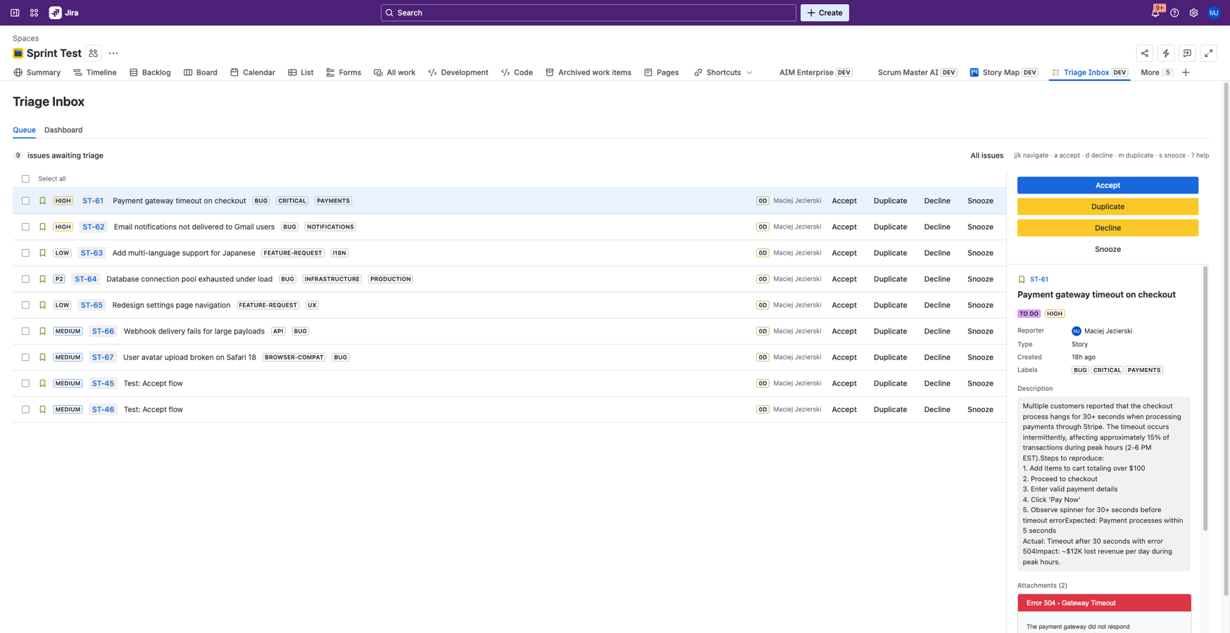 9 issues awaiting triage with detail sidebar showing description, status, and attachment previews