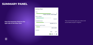 View the Summary Panel on the right side of the issue view. The summaries give you clear and actionable project insights.