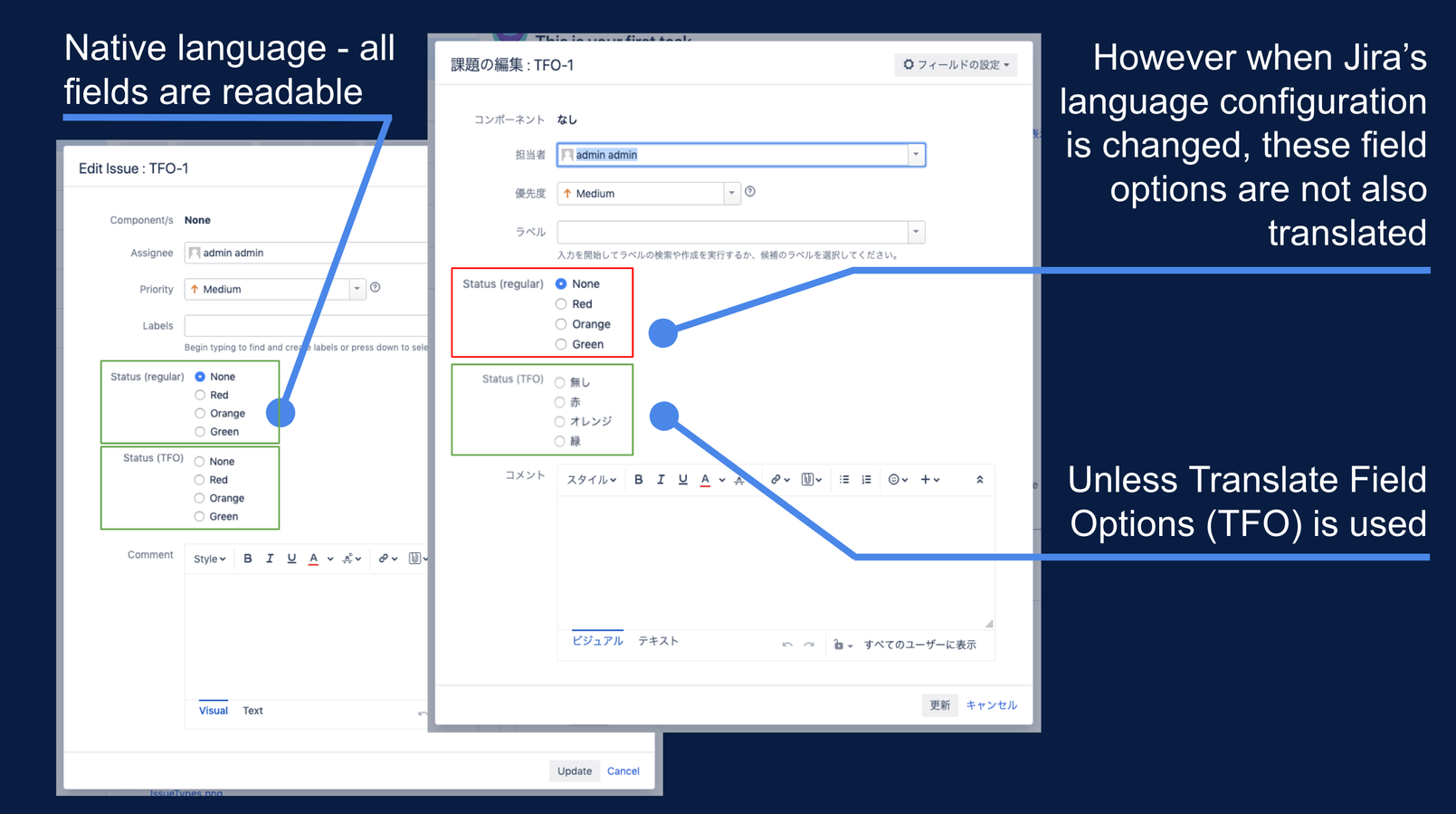 Now you can translate field options into local dialects. Making your Jira usable across multiple countries and suitable for multiple languages.
