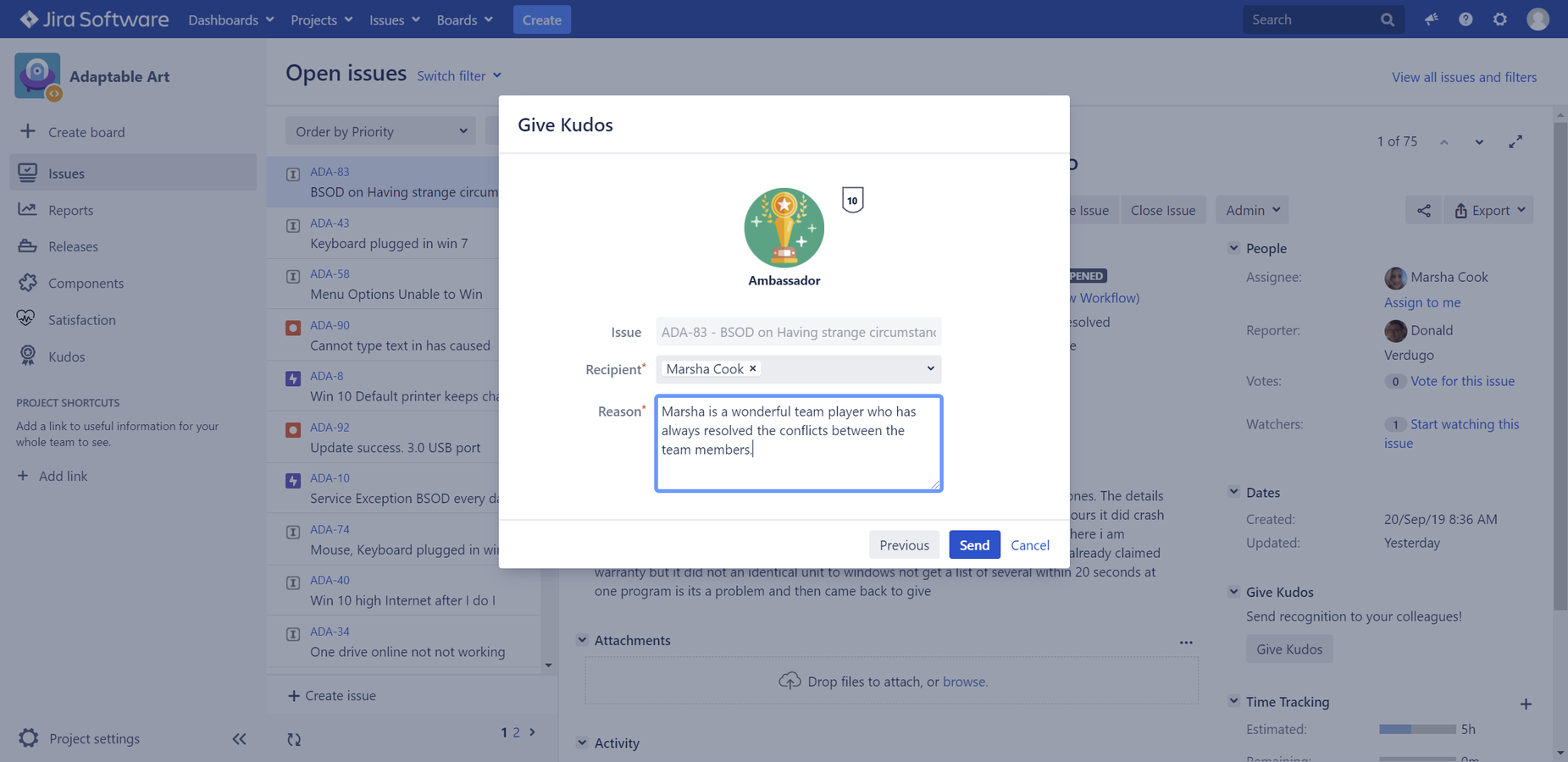 ​A user can give a kudos within a Jira issue
