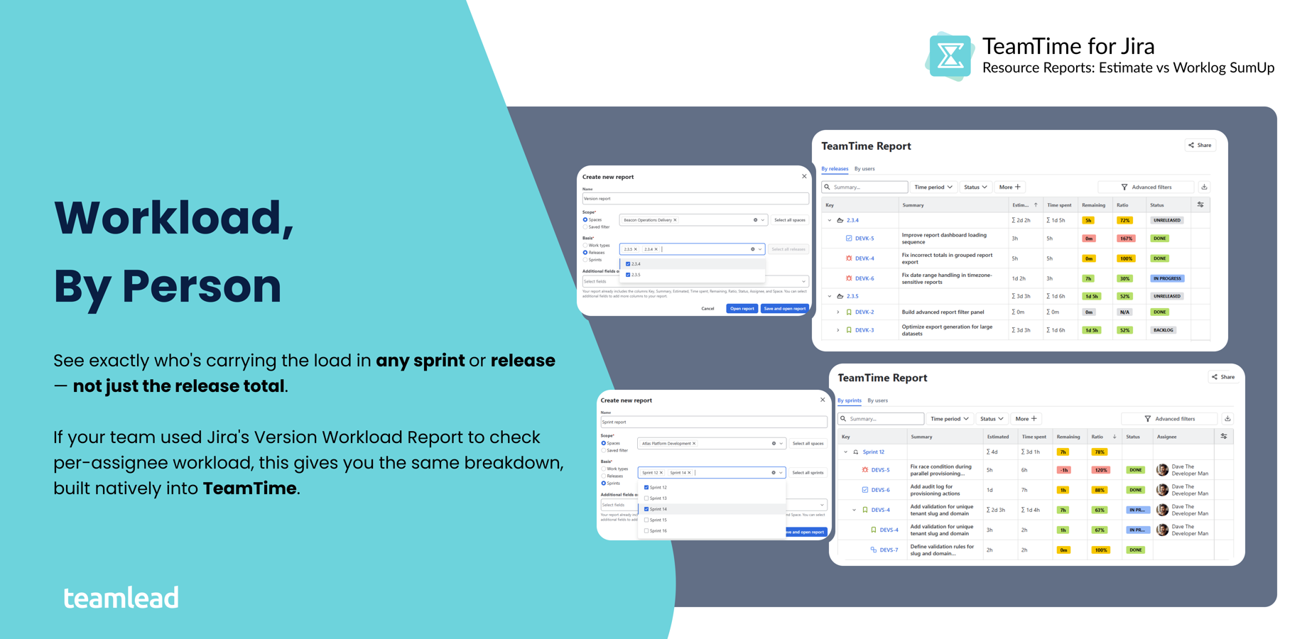 A per-person workload report for sprints and releases, similar to Jira's Version Workload Report.