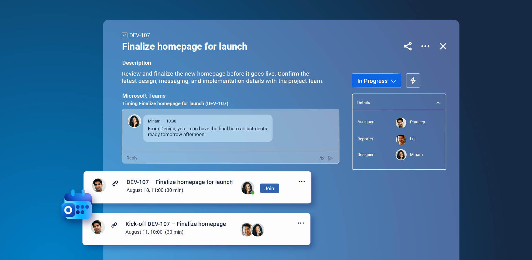 Keep meeting details close to the work and give everyone an easy way to join directly from Jira.