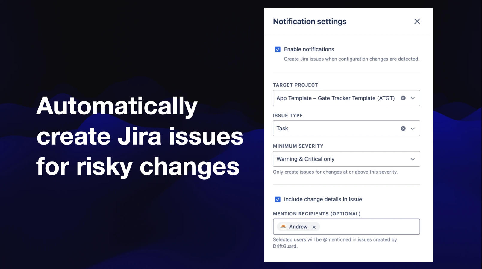 Notification settings dialog showing project, issue type, severity threshold and @mention options