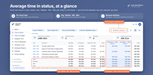 Time in Status table: hours per issue in every status, average, median, min and max per status in the footer for the page shown, and a column for each pair of statuses you pick — In Progress → Done — in business hours.