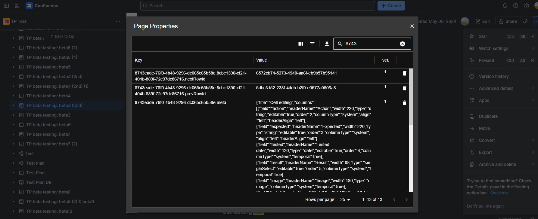 The property grid with filters applied, showing only the properties matching specific search criteria