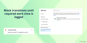 Example of the “Require time to be logged” workflow validator blocking a Jira transition until at least 1h of work has been logged with the native Time Tracking field.