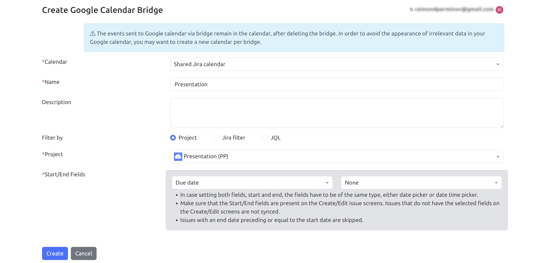 Select a project, Jira filter or JQL your bridge will be based on. Choose a Start field or both Start and End fields to be used by the bridge.