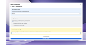 Space selection interface showing dropdown for Confluence spaces and page creation options: create under existing parent page, create as new parent page, or create new parent with child pages.