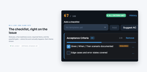 The Definition of Done checklist on a live Jira issue — statuses, required items, and the readiness score where the work happens. Dark theme shown.