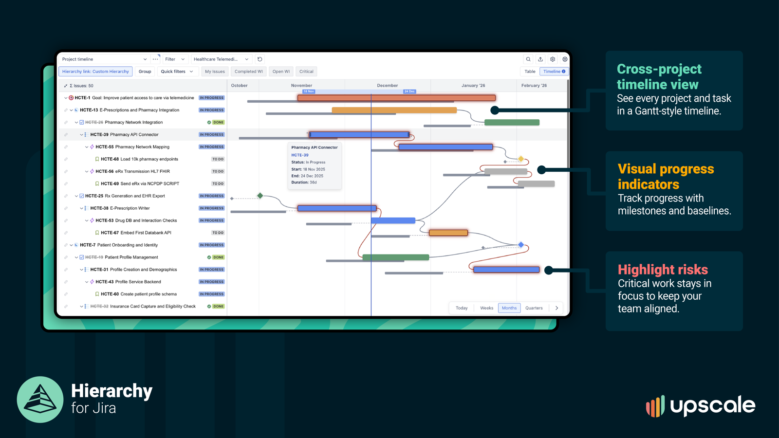 See project schedules in drag-and-drop Gantt-style timelines. View multiple projects across your portfolio, drag to adjust dates, track progress, and see key insights by hovering over the timeline bars.