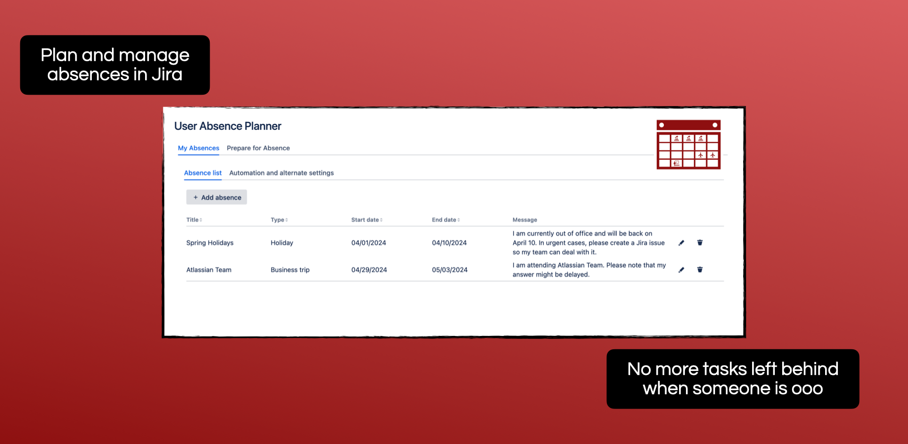 Streamlined Absence Planning, Setting & Overview