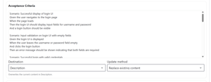 AI Scrum Assistant drafts BDD-style acceptance criteria from the current Jira issue, then lets you choose the destination field and update method before applying changes.