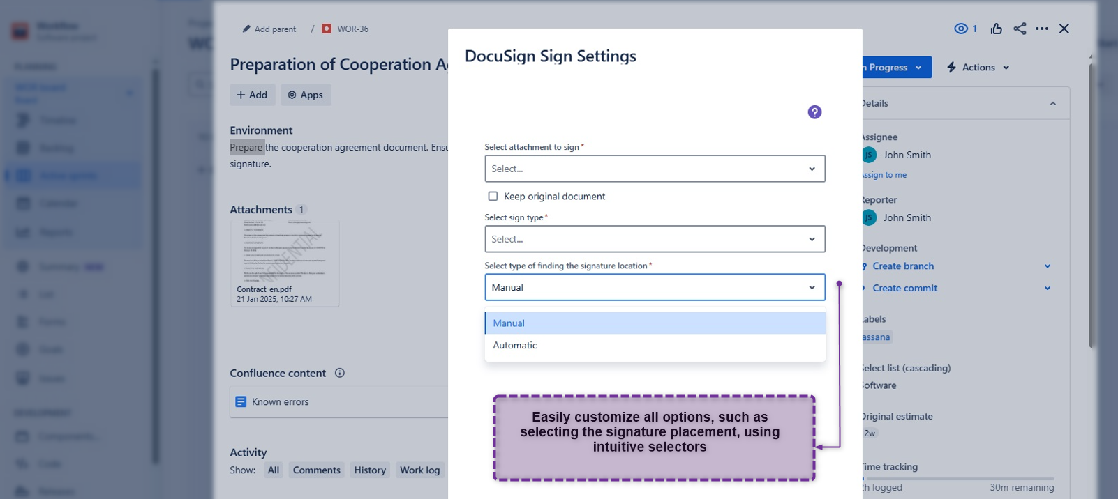 Choose how to locate the signature placement within a document. Simply drag and drop your signature anywhere (manual method) or automatic by using the “Anchor String" to automatically locate the signature position.