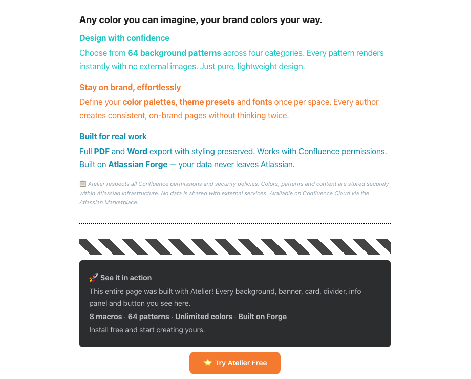 Three text blocks in custom colors and a small-font disclaimer, all styled with Atelier Text Color showing unlimited color and size options