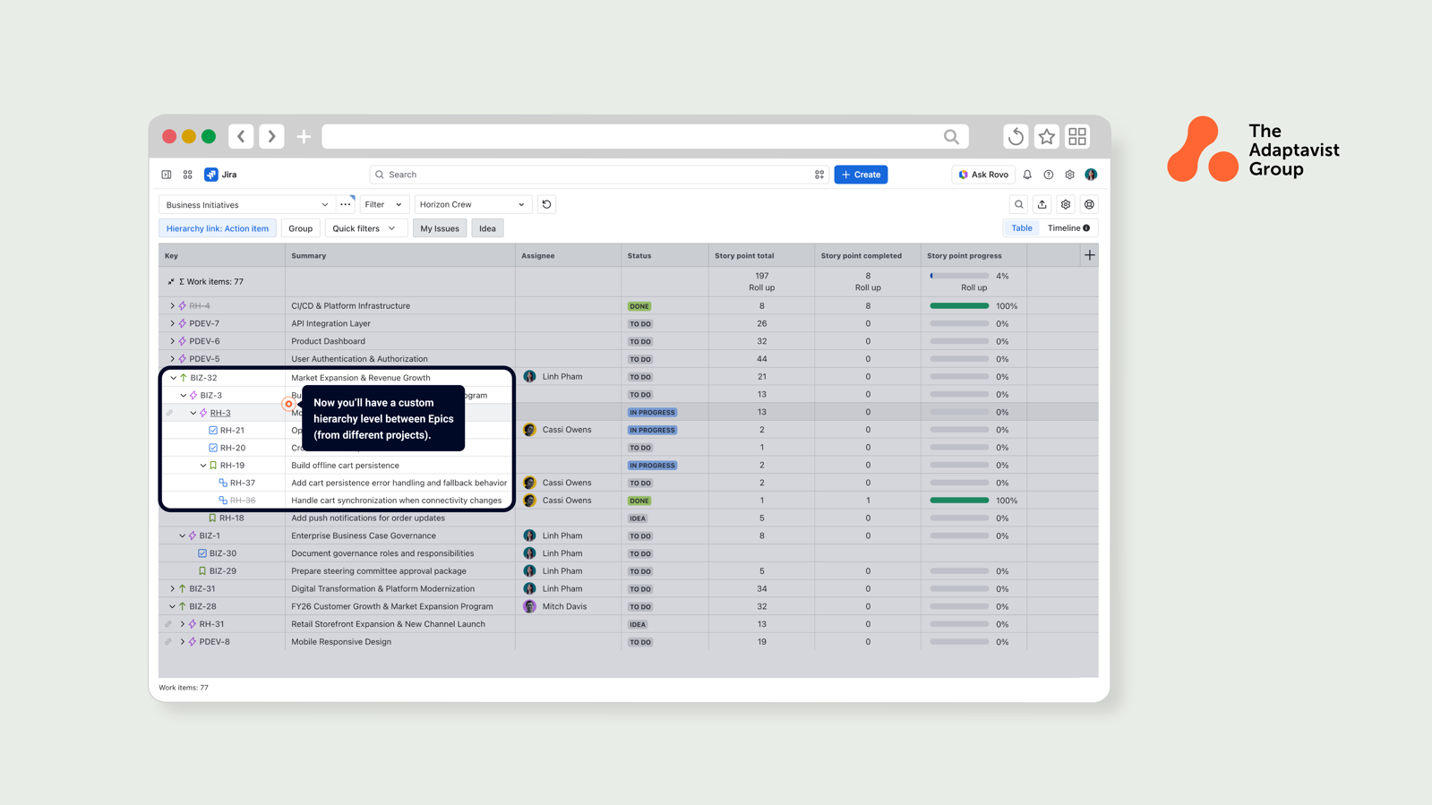 Create flexible hierarchies that match your workflow. View nested tree structures with custom levels beyond Jira's default epic-story-subtask structure. Link tasks and see their connections visually.