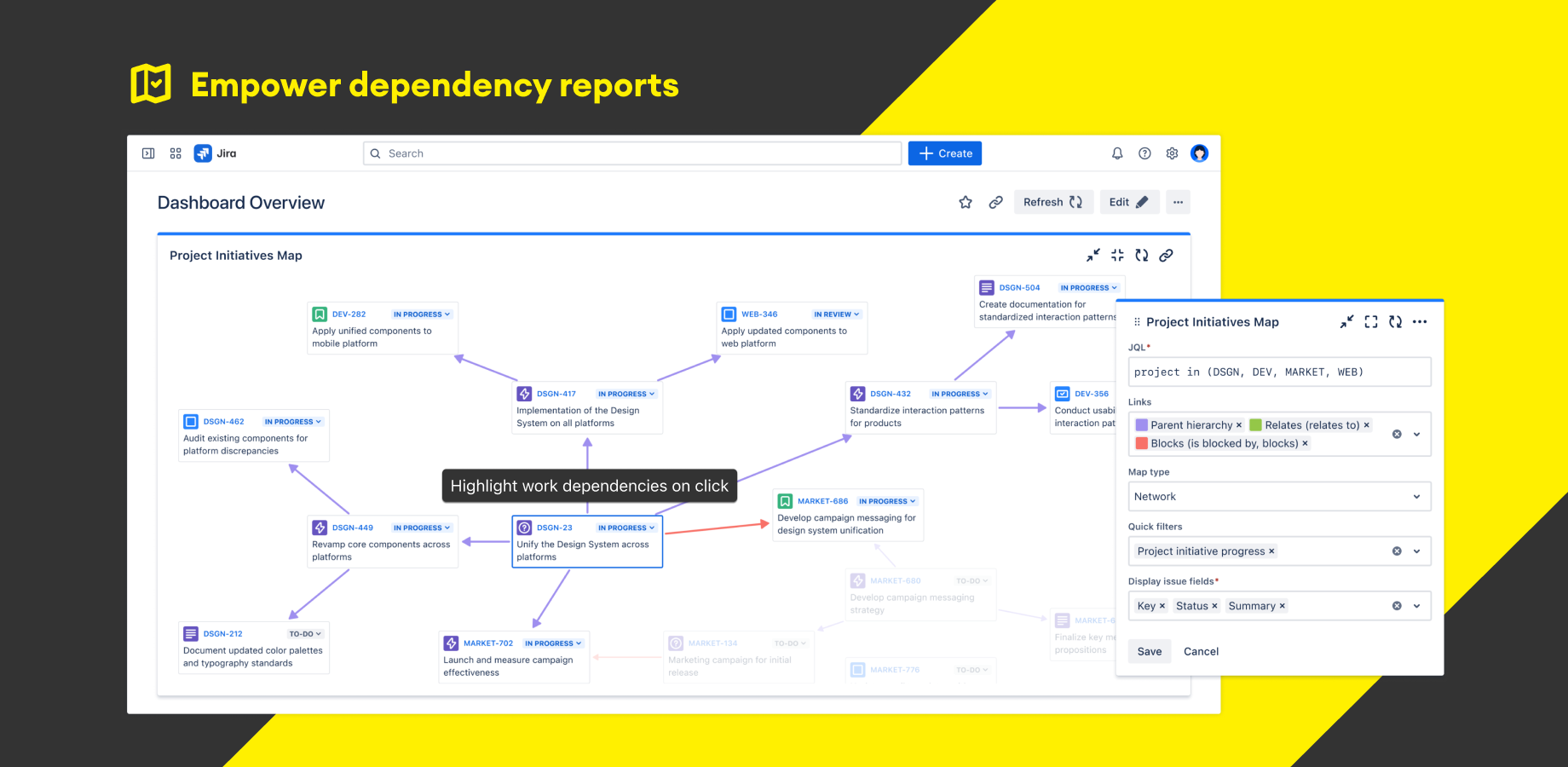Generate comprehensive dependency reports and visualizations for stakeholder communication. Map project initiatives, track outward links, and customize views with JQL filters and network diagrams.​
