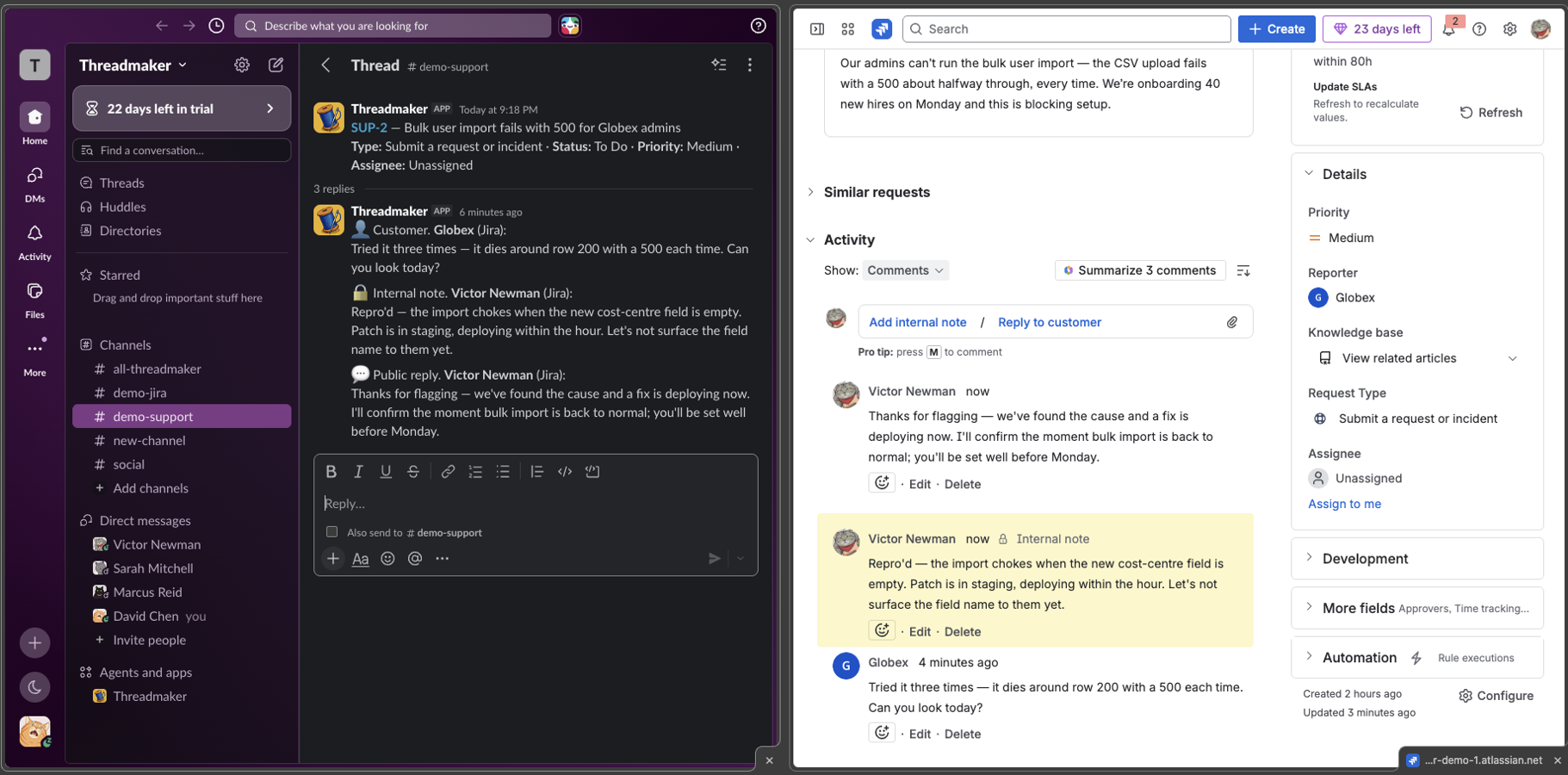 Internal notes, public replies, and customer replies — each labeled in Slack