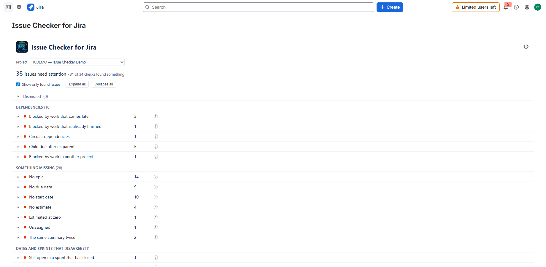The Issue Checker Demo project: 38 issues need attention, with every check that found something listed under its group and its count beside it.