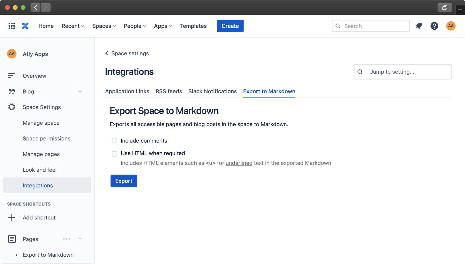 Confluence Space Settings screen showing the option to export a whole space.