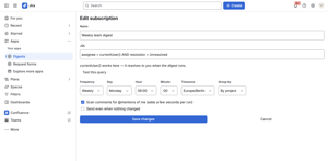 Pick a JQL, a cadence and a grouping. Broken JQL pauses the subscription with Jira's own error.