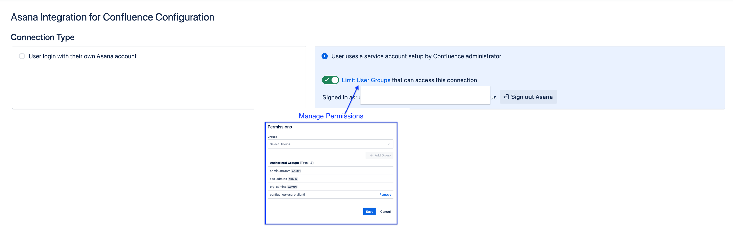 Connect using each user Account or a centralised connection. Manage users that can access the connection.