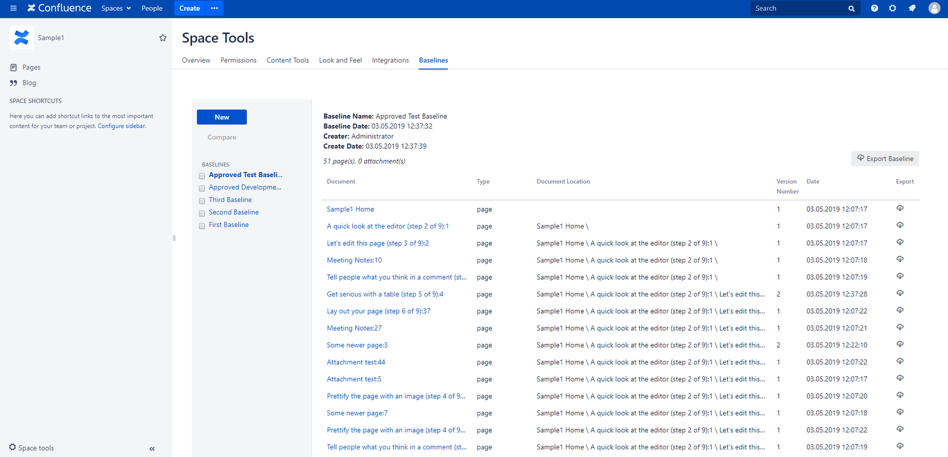 Select a named baseline and see documents in that baseline with version numbers and update dates for each. You can export individual pages in a baselines or complete baselines as PDF.