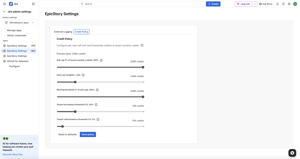 Credit Policy tab where admins set soft and hard usage thresholds, warning levels, and tenant low/critical balance alerts to control AI consumption