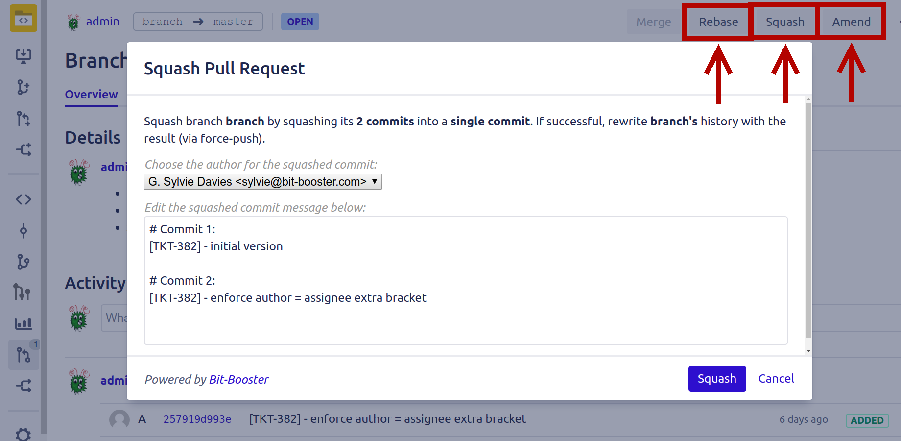 PR-Booster puts Rebase, Squash, and Amend buttons on the pull-request screen